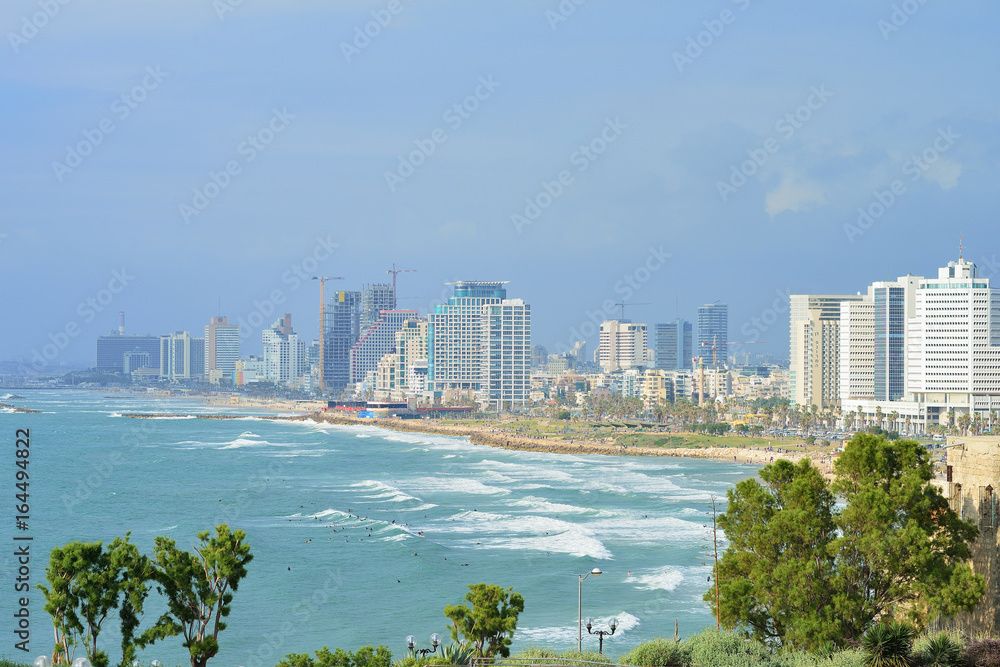 TEL AVIV, ISRAEL - APRIL, 2017: View of the coastline of Tel Aviv from the observation deck in old Jaffa