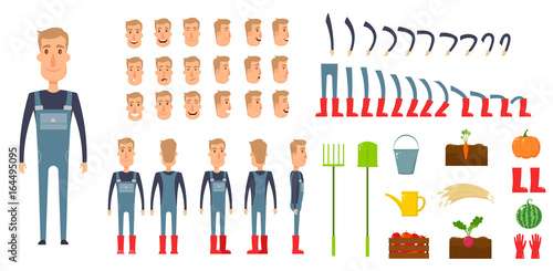 Farmer character creation set. Icons with different types of faces, emotions, clothes. Front, side, back view male person. Moving arms, legs. Chair. Board. Flat and cartoon style. Vector illustration.