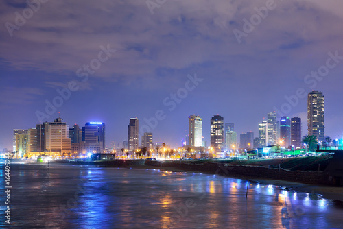 TEL AVIV  ISRAEL - APRIL  2017  View of the night Tel Aviv and the Mediterranean Sea at Night. The famous tourist view of modern Tel Aviv.