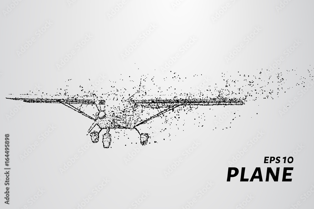 Fototapeta premium The plane of the particles. Agricultural aircraft takes off. The plane disintegrates to smaller molecules. Vector illustration