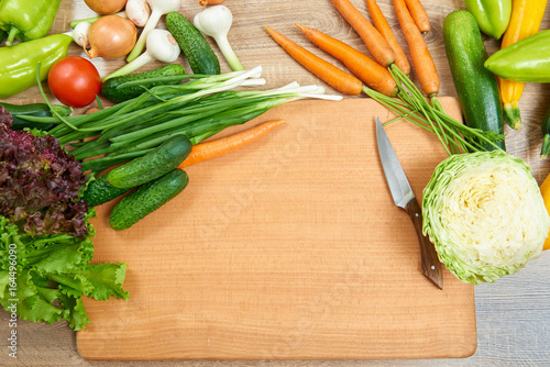 closeup of fresh fruits and vegetables on wooden table, healthy food concept, abstract object and background