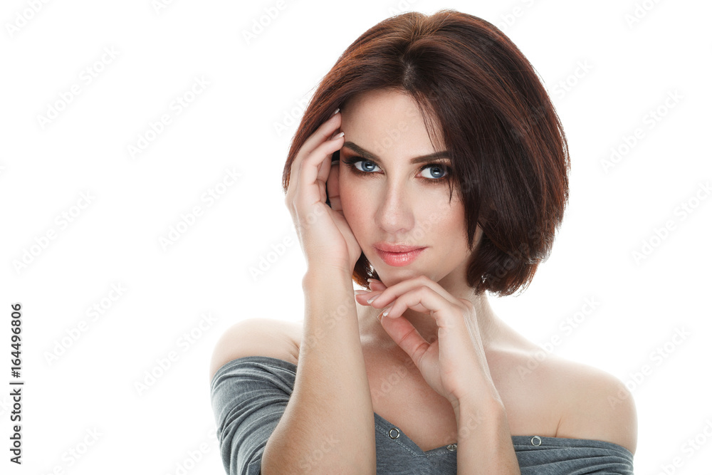 Beauty portrait of adult adorable fresh looking brunette woman with gorgeous makeup bob hairdo posing against isolated white background showing emotion and facial expression concept. Beauty portrait of adult adorable fresh looking brunette woman with gorgeous makeup bob hairdo posing against isolated white background showing emotion and facial expression concept.