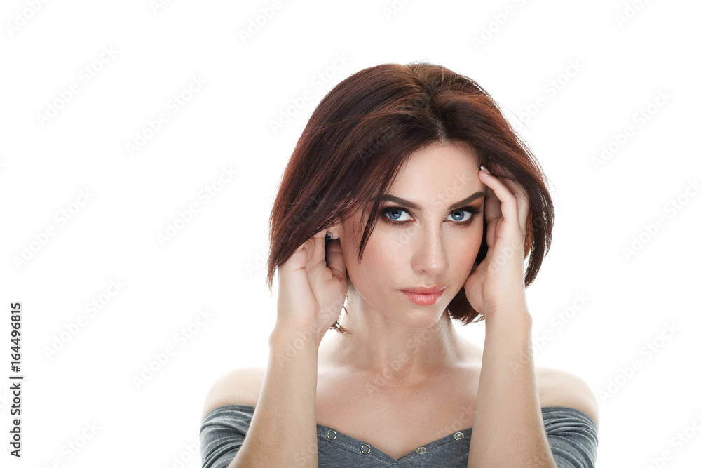 Beauty portrait of adult adorable fresh looking brunette woman with gorgeous makeup bob hairdo posing against isolated white background showing emotion and facial expression concept. Beauty portrait of adult adorable fresh looking brunette woman with gorgeous makeup bob hairdo posing against isolated white background showing emotion and facial expression concept.