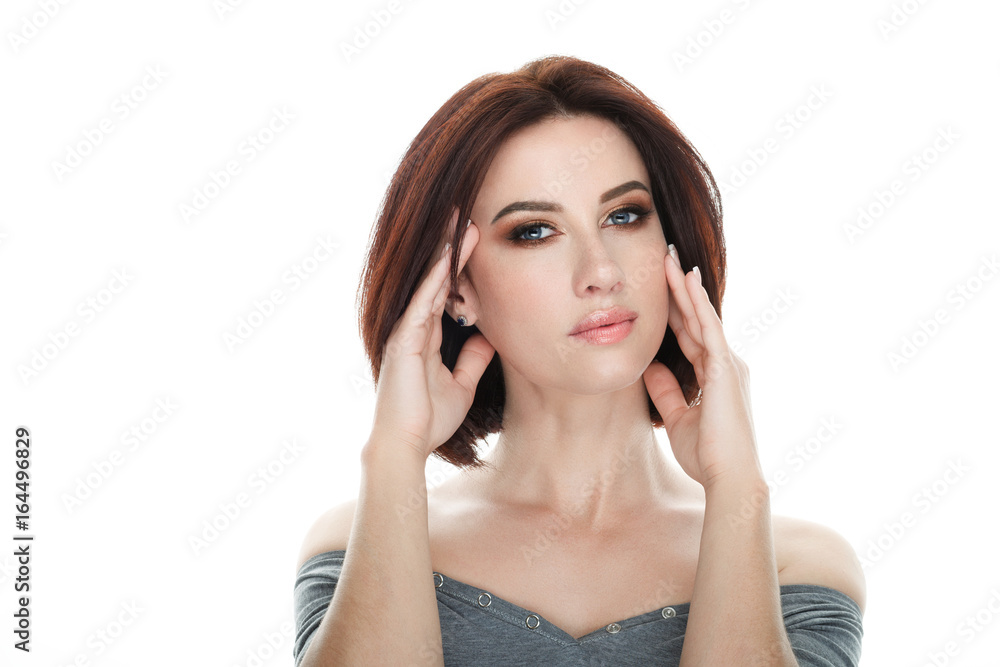 Beauty portrait of adult adorable fresh looking brunette woman with gorgeous makeup bob hairdo posing against isolated white background showing emotion and facial expression concept. Beauty portrait of adult adorable fresh looking brunette woman with gorgeous makeup bob hairdo posing against isolated white background showing emotion and facial expression concept.
