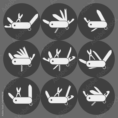 Variation of folding knife flat icon vector; Different Folding army knife; multi-tool instrument sign vector isolated