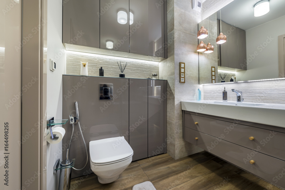 Fototapeta premium Modern bathroom with wooden floor