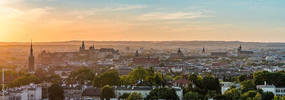 Fototapeta premium Krakow panorama from Krakus Mound, Poland landscape during sunset.