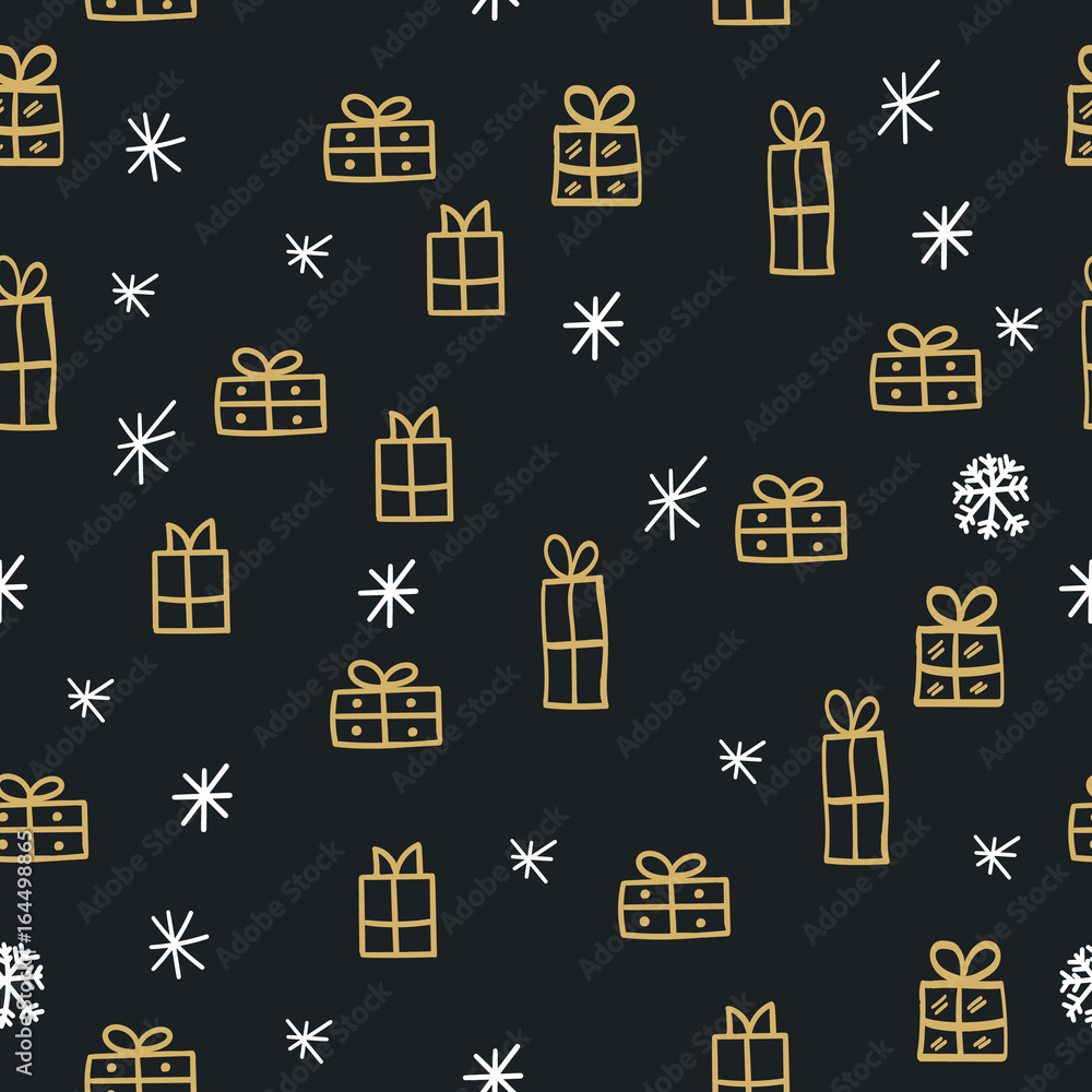 Merry Christmas and Happy New Year seamless background with traditional symbols: snowflakes and gifts Merry Christmas and Happy New Year seamless background with traditional symbols: snowflakes and gifts