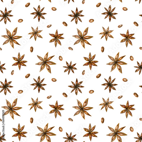 Seamless pattern with watercolor anise stars, hand drawn isolated on a white background