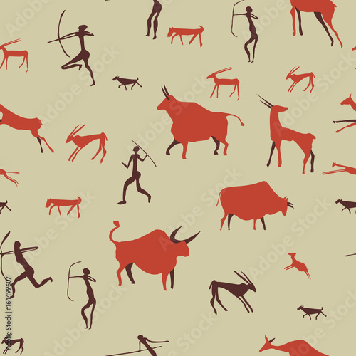 Cave drawing pattern; Ancient rock-painting stone age illustration vector