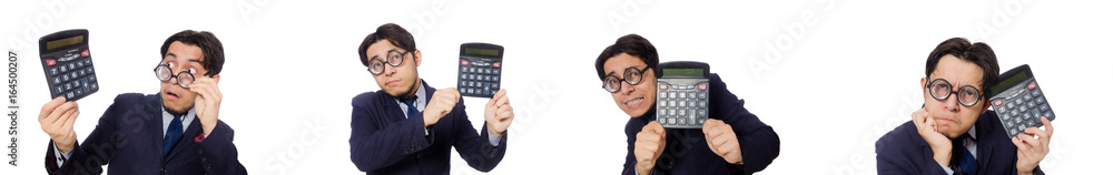 Funny man with calculator isolated on white Funny man with calculator isolated on white
