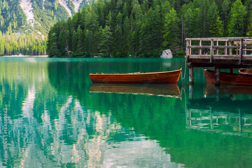 The Boathouse at Lake Braies in Dolomites mountains