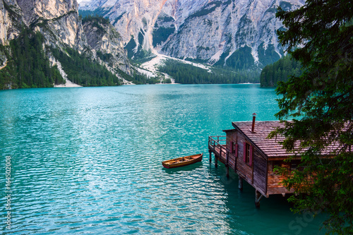 Lake of Braies on the Dolomites, Italy photo