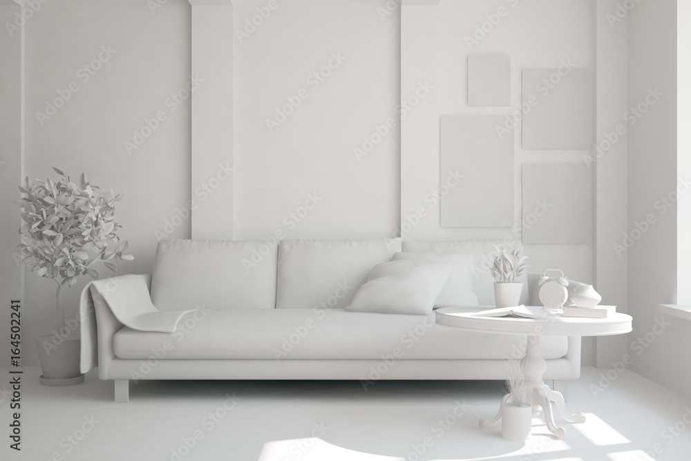 Idea of white empty room. Scandinavian interior design. 3D illustration