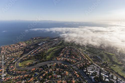 Aerial view of streets and homes in Rancho Palos Verdes in Los Angeles County, California. 