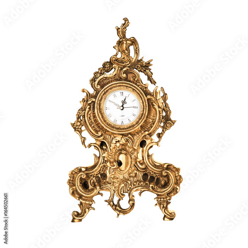 isolated bronze old-fashioned clock with clipping path