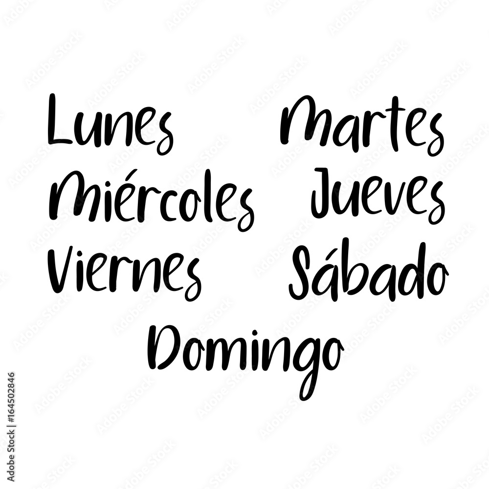 Handwritten days of the week: Monday, Tuesday, Wednesday, Thursday, Friday, Saturday, Sunday. Spanish language. Semana. Black ink calligraphy words isolated on white background. Vector Calligraphy. Handwritten days of the week: Monday, Tuesday, Wednesday, Thursday, Friday, Saturday, Sunday. Spanish language. Semana. Black ink calligraphy words isolated on white background. Vector Calligraphy.
