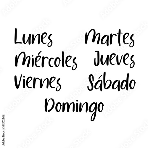 Handwritten days of the week: Monday, Tuesday, Wednesday, Thursday, Friday, Saturday, Sunday. Spanish language. Semana. Black ink calligraphy words isolated on white background. Vector Calligraphy.