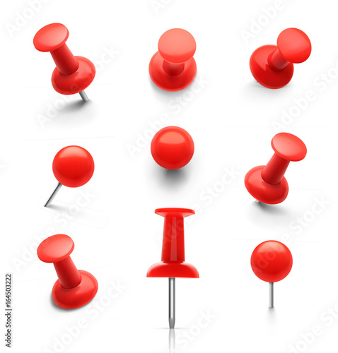 Set of push pins in different angles. Vector illustration.