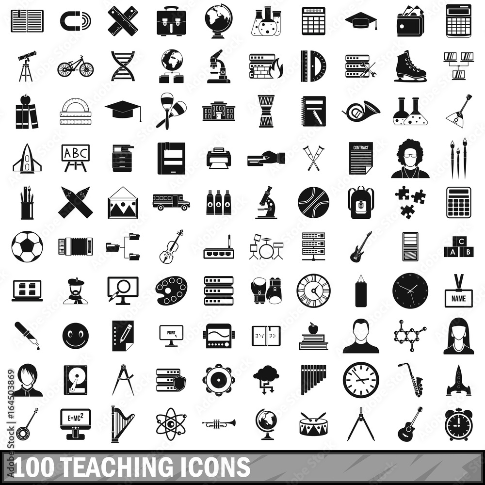 100 teaching icons set, simple style 100 teaching icons set, simple style