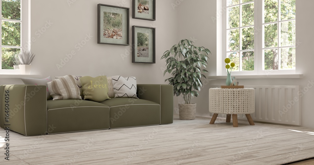 Fototapeta premium Idea of white room with sofa and summer landscape in window. Scandinavian interior design. 3D illustration