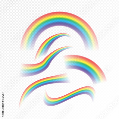 Rainbows set different shape realistic on transparent background. Vector isolated rainbow arch design concept