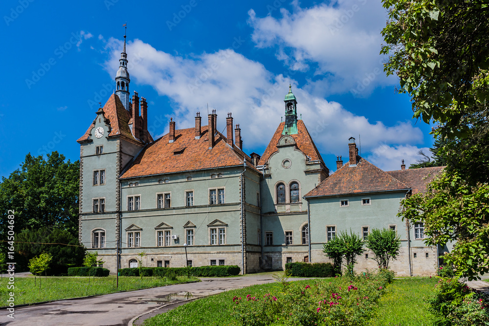 View of Shenborn castle (Beregvar, 1890 - 1895) in Carpaty Village, Western Ukraine, Europe. Shenborn castle - the former residence and the hunting house of the Counts of Schonborn.
