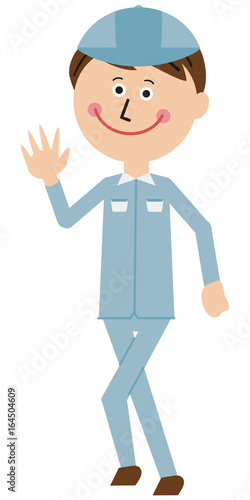 ポップな青い制服の作業員 歩きながらハーイ
