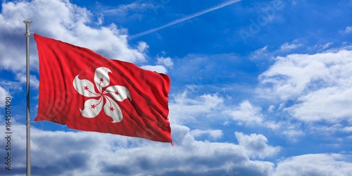 Hong Kong waving flag on blue sky. 3d illustration