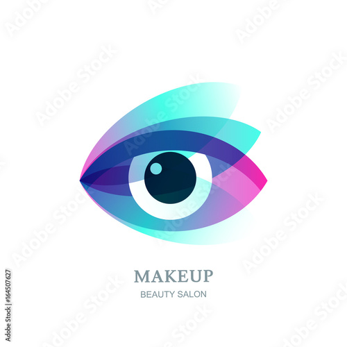 Female beautiful eye on flower leaves background. Vector logo, label, emblem design element. Concept for beauty salon, makeup stylist, optical, glasses shop, oculist, ophthalmology.