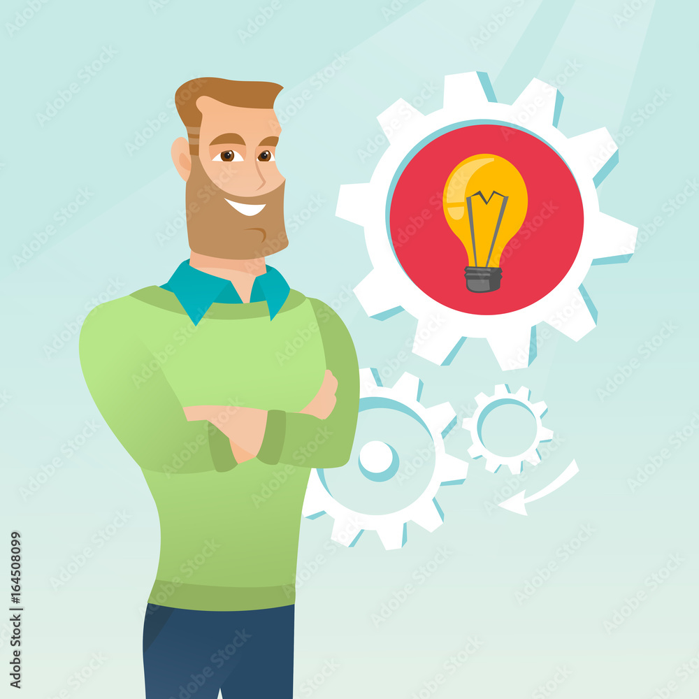 Caucasian man with business idea lightbulb in gear Caucasian man with business idea lightbulb in gear