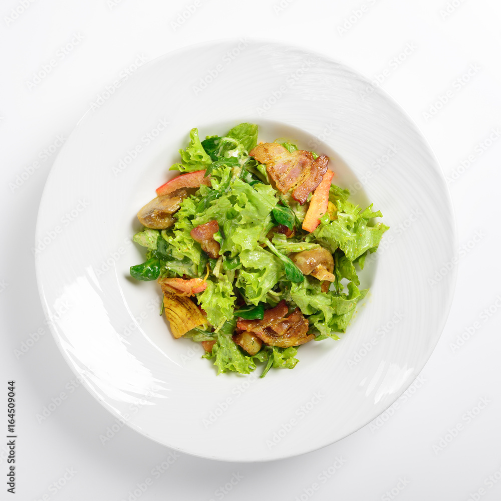 Warm salad with bacon and mushrooms, menu concept. Warm salad with bacon and mushrooms, menu concept.