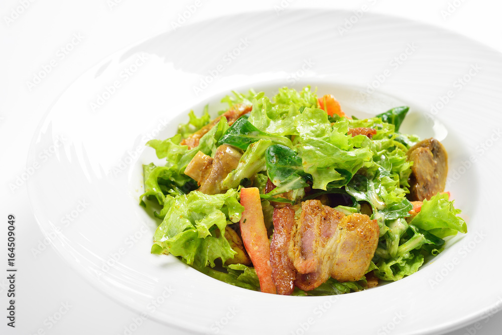 Warm salad with bacon and mushrooms, menu concept.