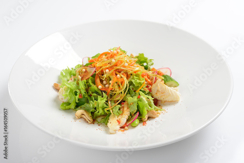 Warm salad with squid, vegetables with grape sauce. White background, menu concept.