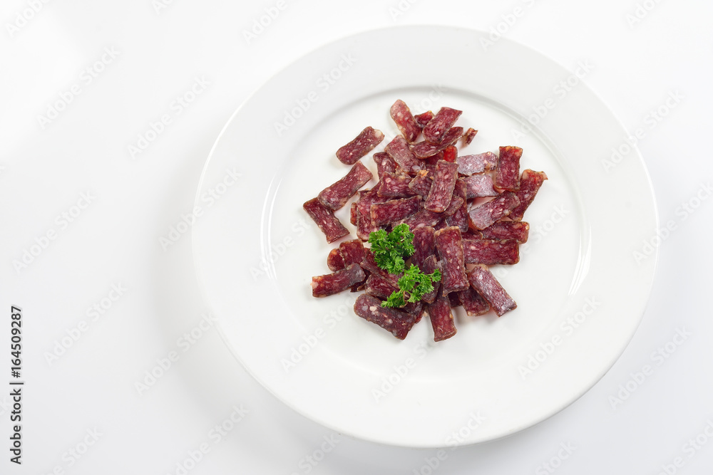 Jerky. Sujuk. Snack to beer. On white background, menu concept. Jerky. Sujuk. Snack to beer. On white background, menu concept.