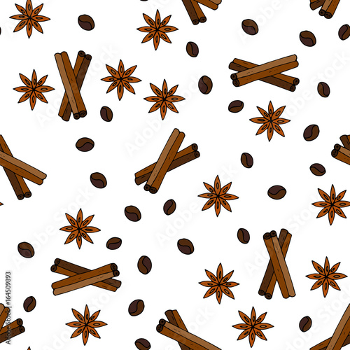 Seamless vector pattern with coffee grains, cinnamon sticks and stars anise.