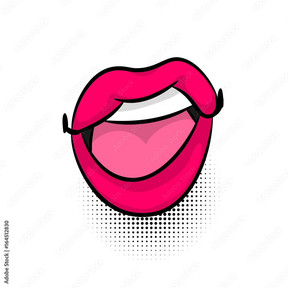 Pop art woman show tongue, dare, open lips, wow. Comics book girl face body  part kitch. Cartoon girl lipstick label tag expression. Funny mood emotion  sound effects. Vector illustration. Stock Vector |