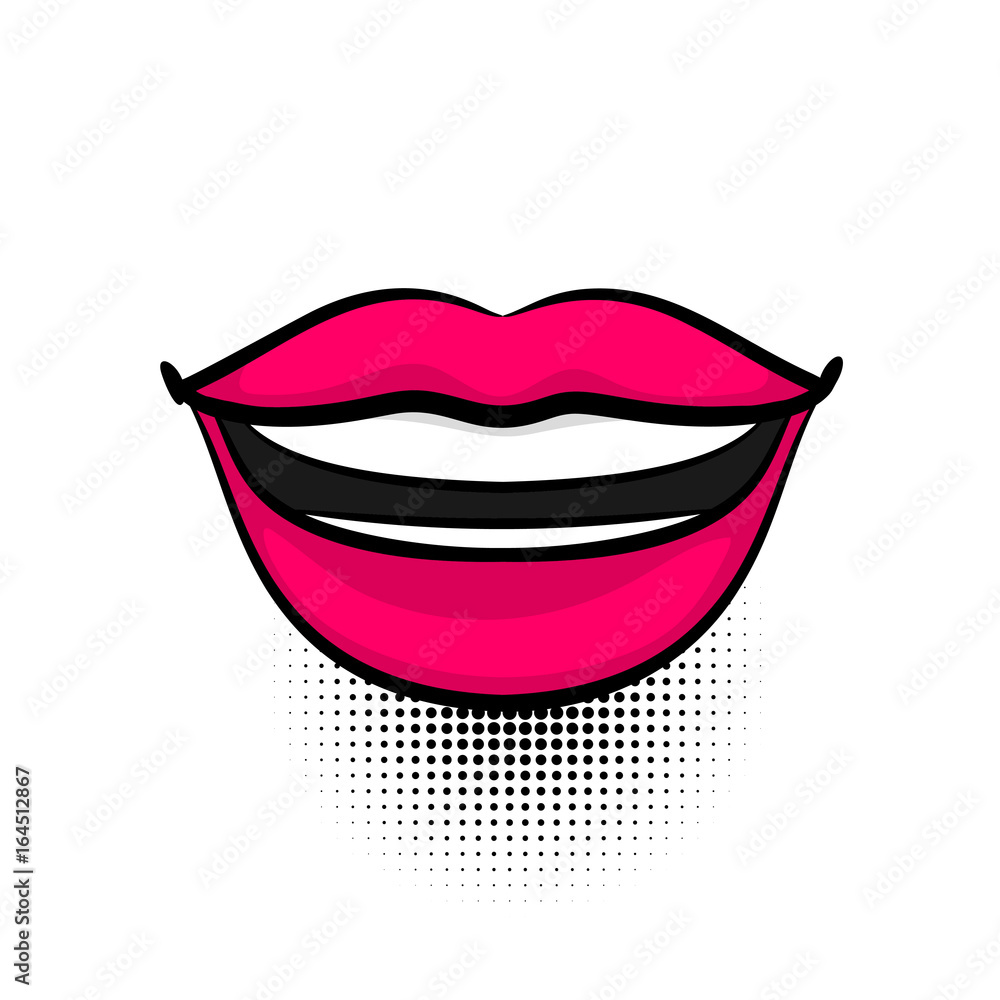 Pop art woman smile, dare, open lips, wow tooth, dental. Comics book girl  face body part kitch. Cartoon girl lipstick label tag expression. Funny  mood emotion sound effects. Vector illustration. Stock Vector |