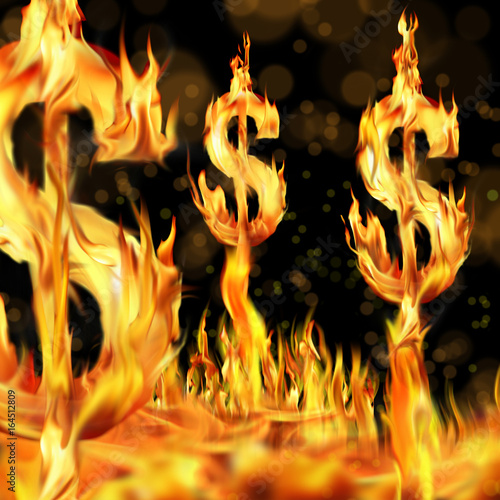 Conceptual image of burning dollar sign and fire flames