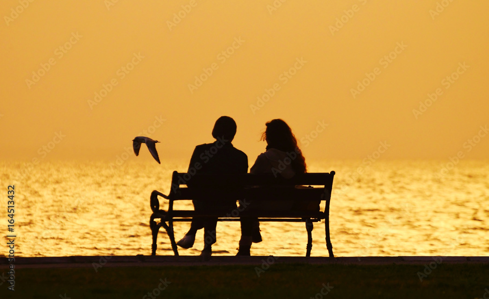 Young couple sitting on a bench near seashore at sunset, silhouette. A bird flying on the sea. 