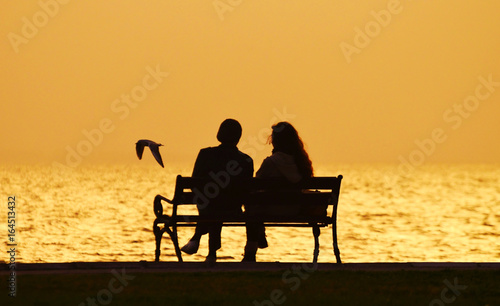 Young couple sitting on a bench near seashore at sunset, silhouette. A bird flying on the sea. 