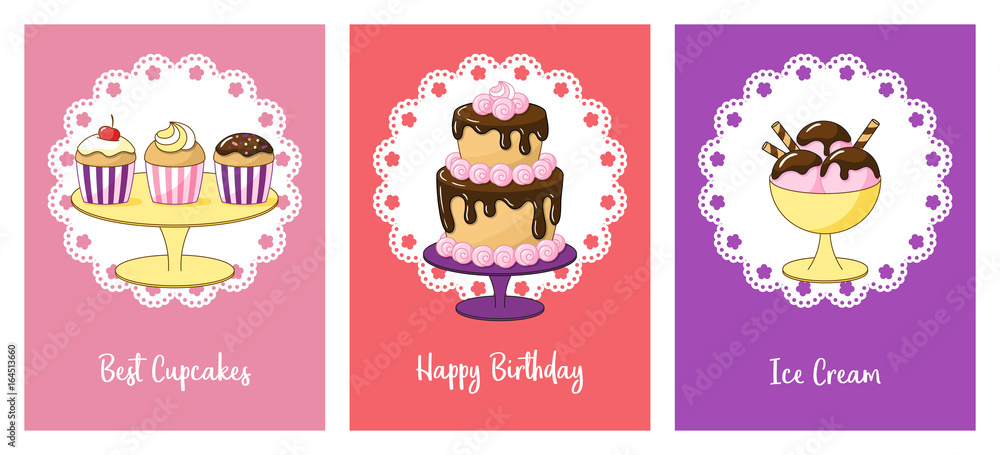 Set of cards with sweets. Capcakes, two-story cake with marshmallows and ice cream with chocolate topping. Vector backgrounds. Set of cards with sweets. Capcakes, two-story cake with marshmallows and ice cream with chocolate topping. Vector backgrounds.