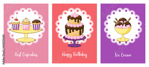 Set of cards with sweets. Capcakes, two-story cake with marshmallows and ice cream with chocolate topping. Vector backgrounds.