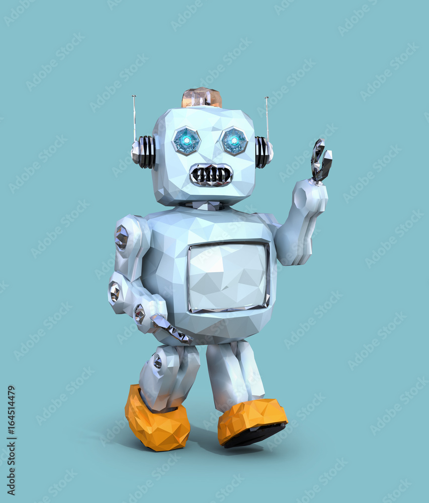 Low poly walking retro robot isolated on blue background. 3D rendering image.