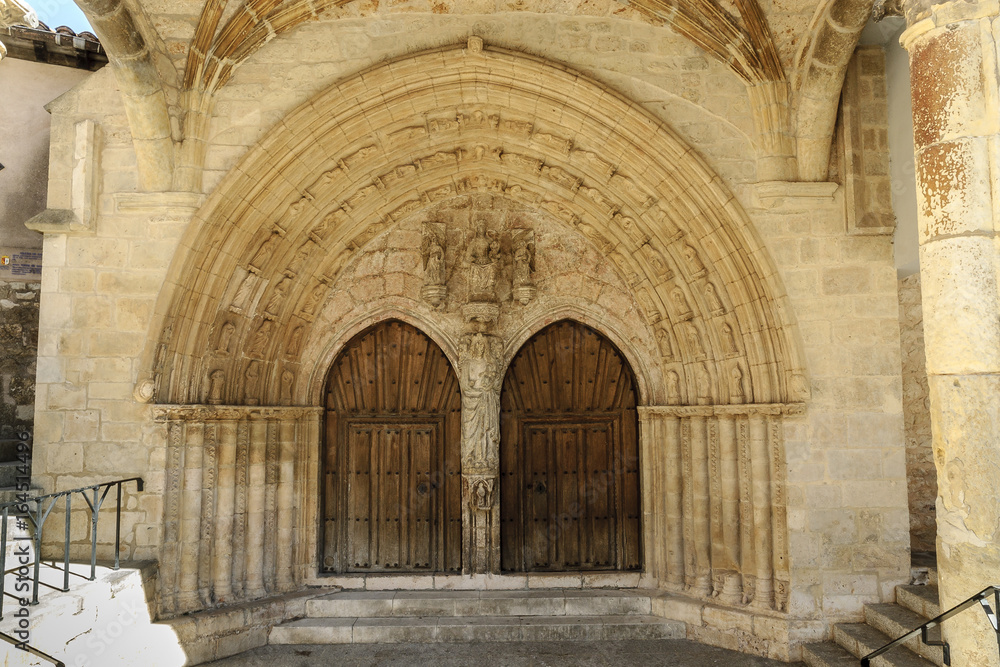 sight of the Gothic door of a church in the Ona locality in Burgos, Spain.