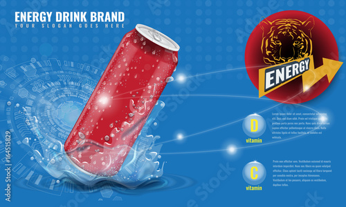 Energy drink metal can mockup with water splash and drops for advertisement layout 3d template for your design. Illustrated vector.