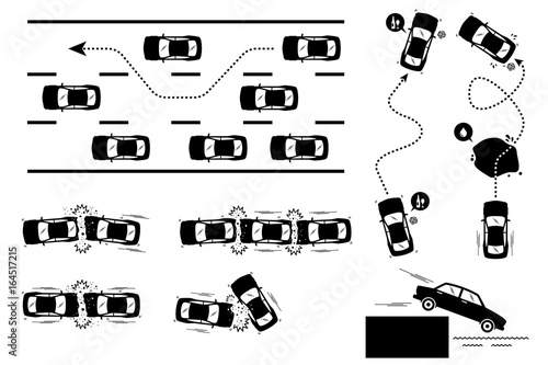 Car Accident and Reckless Driving. Illustrations depict car driver overtaking with speed, alcohol influence, skidding on slippery road, and plunge. Car crashes involve knocking front, back, and side.