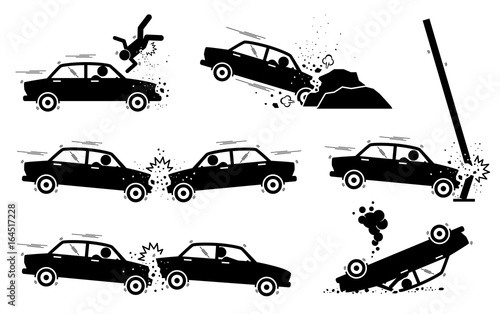 Car Accident and Crash. Illustrations depict a car hit a man, driver drives and crash on boulders, road side pole, another vehicle head on, and back. The car also turn upside down. 