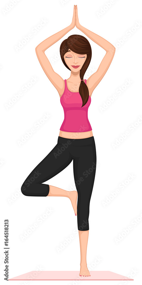 Vector illustration of a woman practicing yoga, performing the tree pose. Vector illustration of a woman practicing yoga, performing the tree pose.