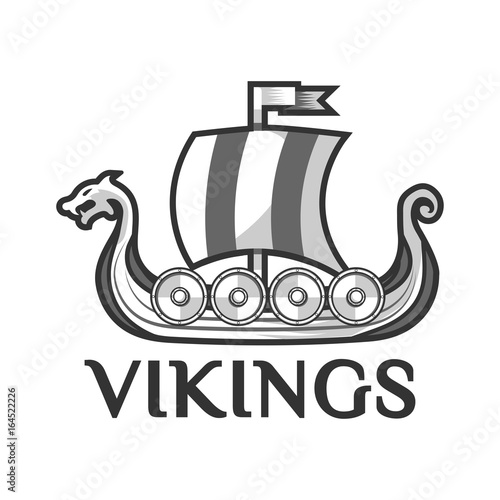 Viking warship boat with Drakkar or Drekar figurehead vector icon